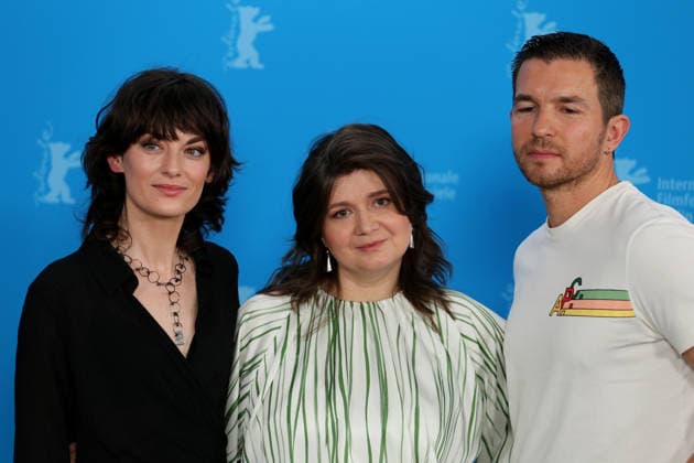 February 14, 2026, Berlin, Germany: (from left) Violet Braeckman, director Teodora Ana Mihai and Matteo Simon pose during the photocall for Heysel 85 at the 76th Berlin International Film Festival (Berlinale) in Berlin. The festival runs from Feb. 12 to 22, 2026. Berlin Germany  - ZUMAf146 20260214_zip_f146_052 Copyright: xRouzbehxFouladix