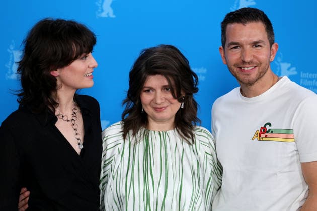 February 14, 2026, Berlin, Germany: (from left) Violet Braeckman, director Teodora Ana Mihai and Matteo Simon pose during the photocall for Heysel 85 at the 76th Berlin International Film Festival (Berlinale) in Berlin. The festival runs from Feb. 12 to 22, 2026. Berlin Germany - ZUMAf146 20260214_zip_f146_050 Copyright: xRouzbehxFouladix