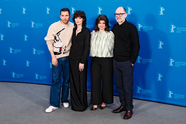 Matteo Simoni, Violet Braeckman, Teodora Ana Mihai und Hans Everaert beim Photocall zum Kinofilm Heysel 85 auf der Berlinale 2026 76. Internationale Filmfestspiele Berlin im Hotel Grand Hyatt. Berlin, 14.02.2026
