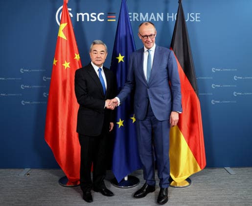 (260214) -- MUNICH, Feb. 14, 2026 -- Chinese Foreign Minister Wang Yi, also a member of the Political Bureau of the Communist Party of China Central Committee, meets with German Chancellor Friedrich Merz in Munich, Germany, Feb. 14, 2026. ) GERMANY-MUNICH-CHINA-WANG YI-GERMAN CHANCELLOR-MEETING LixYing 