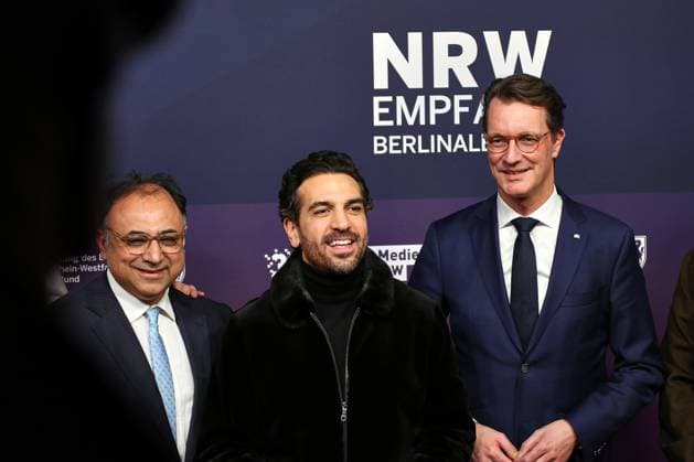 Berlin, Deutschland, 15.02.2026: NRW-Landesvertretung: Berlinale-Party der Filmstiftung: L-R Chef der Filmstiftung Walid Nakschbandi, Schauspieler Elyas M Barek, NRW-Ministerpräsident Hendrik Wüst (CDU) Copyright: xdtsxNachrichtenagenturx dts_106336