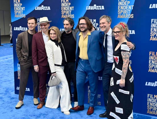 David Bonnett Jr., Drew Langer, Liz Larsen, Jay Duplass, Michael Strassner, Mark Duplass and Mel Eslyn attend the 41st annual Film Independent Spirit Awards at the Hollywood Palladium in Los Angeles on Sunday, February 15, 2026.  LAP20260215550 JIMxRUYMEN