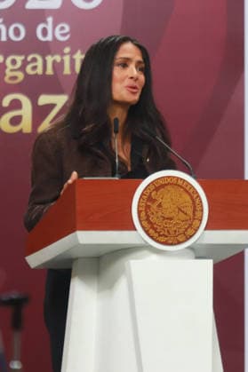 Incentives For The Film And Audiovisual Industry News Conference Mexican actress and producer Salma Hayek speaks during the announcement of incentives for the film and audiovisual industry at the National Palace. on February 15, 2026 in Mexico City, Mexico. (Photo by Carlos Santiago Eyepix Group) Copyright: xCarlosxSantiagox xEyepixxGroupx CS_15022026_176028
