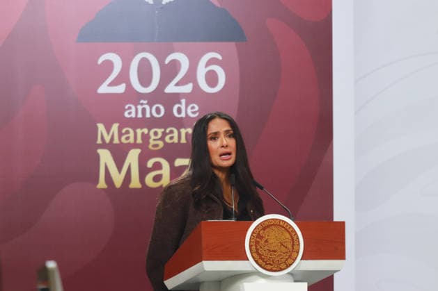 Incentives For The Film And Audiovisual Industry News Conference Mexican actress and producer Salma Hayek speaks during the announcement of incentives for the film and audiovisual industry at the National Palace. on February 15, 2026 in Mexico City, Mexico. (Photo by Carlos Santiago Eyepix Group) Copyright: xCarlosxSantiagox xEyepixxGroupx CS_15022026_176043