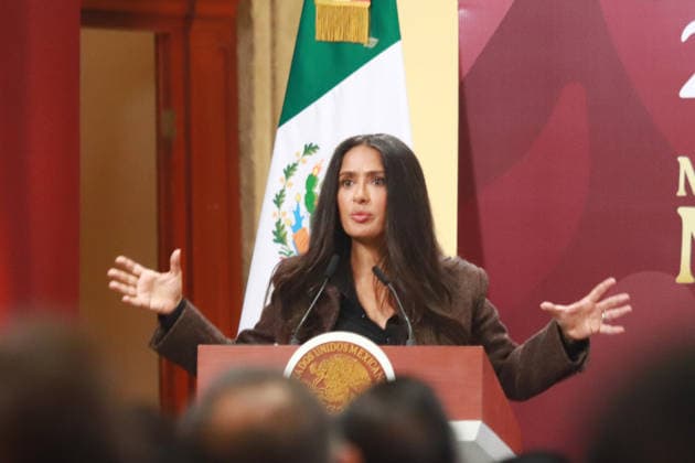 Incentives For The Film And Audiovisual Industry News Conference Mexican actress and producer Salma Hayek speaks during the announcement of incentives for the film and audiovisual industry at the National Palace. on February 15, 2026 in Mexico City, Mexico. (Photo by Carlos Santiago Eyepix Group) Copyright: xCarlosxSantiagox xEyepixxGroupx CS_15022026_176045