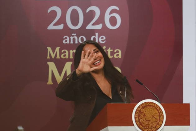 Incentives For The Film And Audiovisual Industry News Conference Mexican actress and producer Salma Hayek speaks during the announcement of incentives for the film and audiovisual industry at the National Palace. on February 15, 2026 in Mexico City, Mexico. (Photo by Carlos Santiago Eyepix Group) Copyright: xCarlosxSantiagox xEyepixxGroupx CS_15022026_176039