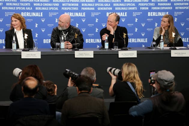 February 15, 2026, Berlin, Germany: (L-R) Anke Blonde, Angelo Tijssens, and Jan Hammenecker attend a press conference for the film Dust during the 76th Berlin International Film Festival (Berlinale), which is Europe s first major film festival of the year, in Berlin. The festival runs from February 12 to 22, 2026. Berlin Germany - ZUMAf146 20260215_zip_f146_030 Copyright: xRouzbehxFouladix