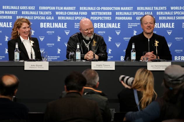February 15, 2026, Berlin, Germany: (L-R) Anke Blonde, Angelo Tijssens, and Jan Hammenecker attend a press conference for the film Dust during the 76th Berlin International Film Festival (Berlinale), which is Europe s first major film festival of the year, in Berlin. The festival runs from February 12 to 22, 2026. Berlin Germany - ZUMAf146 20260215_zip_f146_041 Copyright: xRouzbehxFouladix