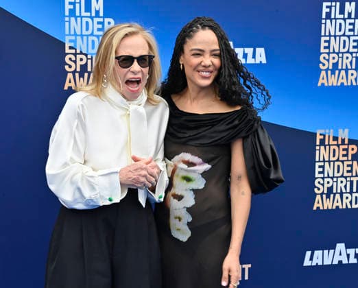 Amy Madigan (L) and Tessa Thompson attend the 41st annual Film Independent Spirit Awards at the Hollywood Palladium in Los Angeles on Sunday, February 15, 2026.  LAP20260215806 JIMxRUYMEN