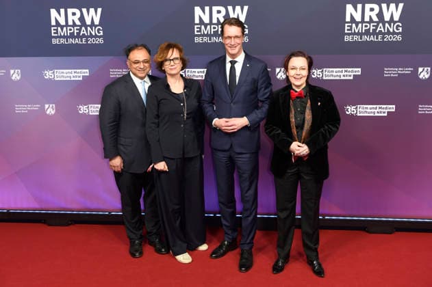 Walid Nakschbandi, Sabine de Mardt, Hendrik Wüst und Michelle Müntefering beim 23. NRW Empfang des Landes NRW und der Film- und Medienstiftung NRW im Rahmen der Berlinale 2026 in der Vertretung des Landes Nordrhein-Westfalen. Berlin, 15.02.2026