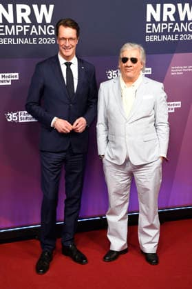 Hendrik Wüst und Claude-Oliver Rudolph beim 23. NRW Empfang des Landes NRW und der Film- und Medienstiftung NRW im Rahmen der Berlinale 2026 in der Vertretung des Landes Nordrhein-Westfalen. Berlin, 15.02.2026