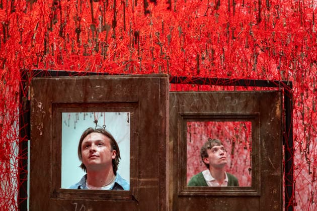 February 16, 2026, London, London, UK: LONDON, UK. Staff members with Ã¢â‚¬ËœThreads of LifeÃ¢â‚¬â ¢, 2026, at a preview of Chiharu Shiota: Threads of Life, a new exhibition by Japanese performance and installation artist Chiharu Shiota at the Hayward Gallery presenting her iconic floor-to-ceiling weblike works made of red, white and black thread. The show runs 17 February to 3 May 2026. London UK  - ZUMAl94_ 20260216_zaf_l94_005 Copyright: xStephenxChungx