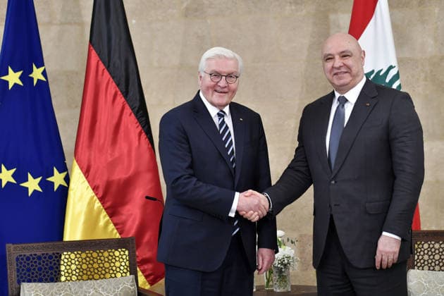 German President Steinmeier in Lebanon BEIRUT, LEBANON - FEBRUARY 16: German President Frank-Walter Steinmeier (L) and Lebanese President Joseph Aoun (R) shake hands as they meet at the Baabda Palace in Beirut during his official visit to Lebanon, on February 16, 2026. Houssam Shbaro Anadolu Beirut Lebanon. Editorial use only. Please get in touch for any other usage.  Copyright: x2026xAnadoluxHoussamxShbarox
