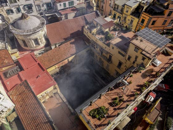 Naples, a fire completely destroys the Sannazaro Theater, San nazaro, in Naples, the firefighters intervene on the scene, together with the police and the Carabinieri forces, who keep away the onlookers, the actress and mangager of the theater Lara Sansone and other theater employees in tears.  Copyright: xSalvatorexLaporta KONTROLABx xipa-agency.netx xKontrolabx IPA_Agency_IPA71643062