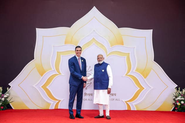 Prime Minister Narendra Modi meets World Leaders at India AI Impact Summit 2026 New Delhi, Feb 17 (ANI): Prime Minister Narendra Modi welcomes President of Spain, Pedro Sanchez, during the India AI Impact Summit 2026 at the Bharat Mandapam on Wednesday. (DPR PMO ANI Photo) Delhi Delhi India Copyright: xANIx ANI_20260218438