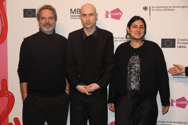 Tobias Pausinger, Daniel Blumberg und Aida Baghernejad bei Berlinale Talents Talk: Composer™s Talk with Daniel Blumberg im Radialsystem - Kulturzentrum in der Holzmarktstraße. Berlin, 18.02.2026 Copyright: xMatthiasxGränzdörferx