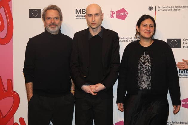 Tobias Pausinger, Daniel Blumberg und Aida Baghernejad bei Berlinale Talents Talk: Composer™s Talk with Daniel Blumberg im Radialsystem - Kulturzentrum in der Holzmarktstraße. Berlin, 18.02.2026 Copyright: xMatthiasxGränzdörferx