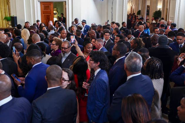 US President Trump speaks at Black History reception Supporters of US President Donald Trump wait for his remarks during a reception for Black History Month in the East Room of the White House in Washington, DC, USA, 18 February 2026. The event comes less than two weeks after President Trump’s Truth Social account shared a racist video of former President Barack Obama and former First Lady Michelle Obama. WASHINGTON DC United States  Copyright: xPool ABACAx