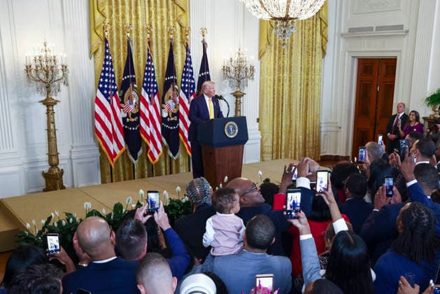 US President Trump speaks at Black History reception US President Donald Trump speaks at a reception for Black History Month in the East Room of the White House in Washington, DC, USA, 18 February 2026. The event comes less than two weeks after President Trump’s Truth Social account shared a racist video of former President Barack Obama and former First Lady Michelle Obama. WASHINGTON DC United States  Copyright: xPool ABACAx