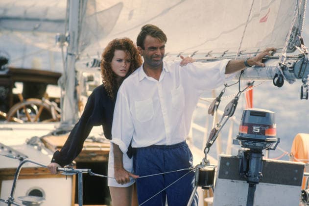 1989 - Dead Calm - Movie Set RELEASE DATE: April 07, 1989. MOVIE TITLE: Dead Calm. STUDIO: Kennedy Miller Productions. PLOT: An Australian couple take a sailing trip in the Pacific to forget about a terrible accident. While on the open sea, in dead calm, they come across a ship with one survivor who is not at all what he seems. PICTURED: NICOLE KIDMAN as Rae Ingram and SAM NEILL as John Ingram. Gold Coast Queensland Australia Copyright: xKennedyxMillerxProductionsx