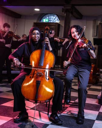 19 02 2026. London, United Kingdom. Her Majesty The Queen, as Patron, during a visit to Sinfonia Smith Square Hall. Her Majesty watched young scholars from the Tri-Borough Music Hub rehearse and perform with the Sinfonia Smith Square Orchestra. In the Crypt, the Queen was shown drawings of the proposed restoration works to create a 21st century performance facility which will allow pioneering education programmes to reach over 10,000 people annually as part of The HallÕs ÔDoors Open Capital ProjectÕ.  Copyright: xAndrewxParsonsx xParsonsxMediax PAR-9188-0002
