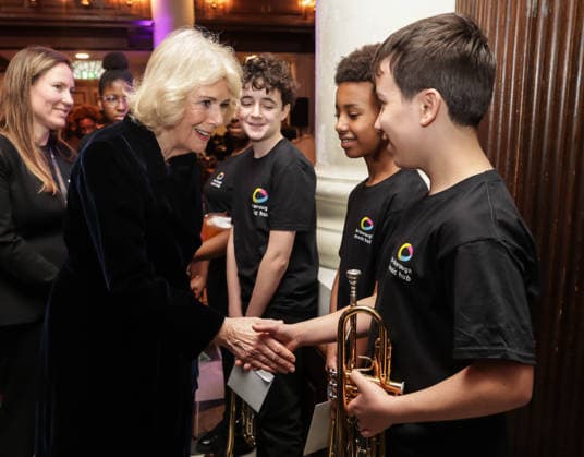 19 02 2026. London, United Kingdom. Her Majesty The Queen, as Patron, during a visit to Sinfonia Smith Square Hall. Her Majesty watched young scholars from the Tri-Borough Music Hub rehearse and perform with the Sinfonia Smith Square Orchestra. In the Crypt, the Queen was shown drawings of the proposed restoration works to create a 21st century performance facility which will allow pioneering education programmes to reach over 10,000 people annually as part of The HallÕs ÔDoors Open Capital ProjectÕ.  Copyright: xAndrewxParsonsx xParsonsxMediax PAR-9188-0025
