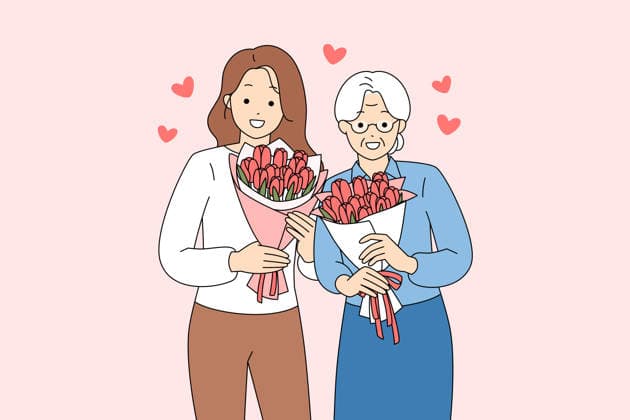 Unbekanntes Mädchen schenkt ihrer Großmutter einen Blumenstrauß zum Muttertag. unspecified race daughter and grandmother holding bouquets, smiling together in tender Mothers Day scene, hearts floating, pastel (License=RF) Copyright: xZoonar.com VolhaxSarkisianx 24675420