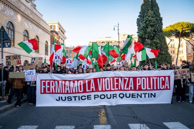 February 21, 2026, Rome, Rm, Italy: Young people from GioventoÂ¹ Nazionale, the youth movement of the right-wing party Fratelli d Italia, march to remember Quentin Deranque, a nationalist student killed 10 days ago in Lyon by suspected far-left militants. Let s stop political violence. Justice for Quentin reads the banner. Rome Italy  - ZUMAg256 20260221_znp_g256_026 Copyright: xMarcoxDixGianvitox
