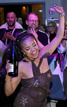 MALMÖ, SWEDEN 20260221 Cimberly celebrates the final place with champagne at the after party after round 4 of Melodifestivalen 2026 in Malmö Arena on Saturday MALMÖ SWEDEN x50090x  Copyright: xJohanxNilsson TTx MELODIFESTIVALEN 2026 MALMÖ VoZAtLJVnl8