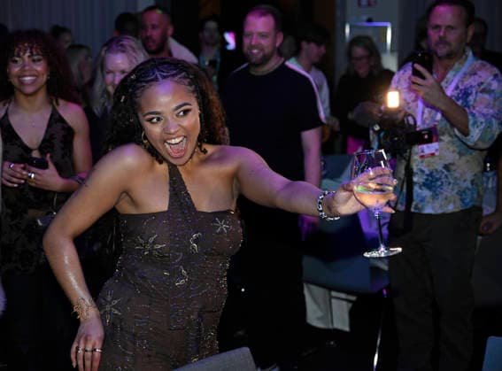 MALMÖ, SWEDEN 20260221 Cimberly celebrates the final place with champagne at the after party after round 4 of Melodifestivalen 2026 in Malmö Arena on Saturday MALMÖ SWEDEN x50090x  Copyright: xJohanxNilsson TTx MELODIFESTIVALEN 2026 MALMÖ DTFsEZ0pbic