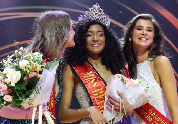 first runner up Justine Tack, Miss Belgium 2026 Olga Lombardo and second runner up Aicha Verheye pictured at the Miss Belgium 2026 beauty contest, at the Plopsa Theatre, in Plopsaland amusement park, Saturday 21 February 2026 in Adinkerke, De Panne.  KURTxDESPLENTER 164481059