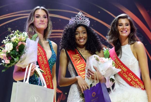 first runner up Justine Tack, Miss Belgium 2026 Olga Lombardo and second runner up Aicha Verheye pictured at the Miss Belgium 2026 beauty contest, at the Plopsa Theatre, in Plopsaland amusement park, Saturday 21 February 2026 in Adinkerke, De Panne.  KURTxDESPLENTER 164481066