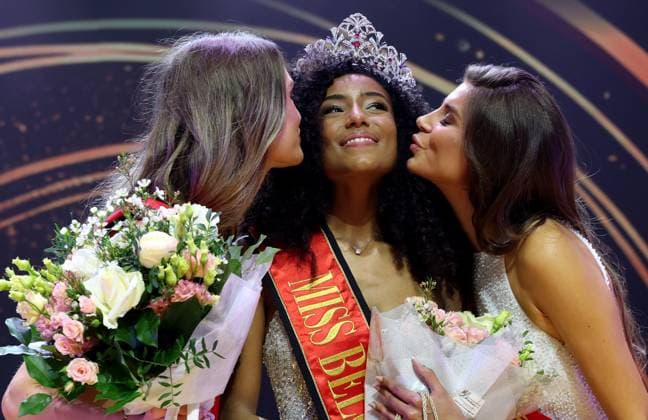 first runner up Justine Tack, Miss Belgium 2026 Olga Lombardo and second runner up Aicha Verheye the Miss Belgium 2026 beauty contest, at the Plopsa Theatre, in Plopsaland amusement park, Saturday 21 February 2026 in Adinkerke, De Panne.  KURTxDESPLENTER 164481682