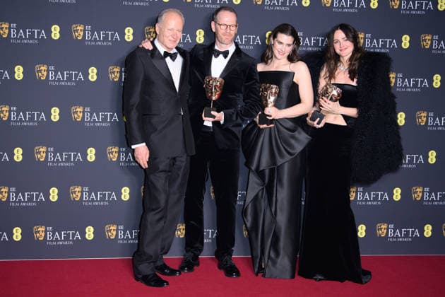 EE BAFTA Film Awards 2026 Winners - Royal Festival Hall, Southbank, London (L-R) - Stellan Skarsgard, Joachim Trier, Inga Ibsdotter Lilleaas and Renate Reinsve poses with their BAFTA for Best Film not in the English language for the film Sentimental Value in the Winners Room at the EE BAFTA Film Awards 2026 at Royal Festival Hall, Southbank in London, England, UK on Sunday 22 February, 2026., Credit:Justin Ng Avalon UK, England, London, Royal Festival Hall, Southbank Copyright: xJustinxNgx xAvalonx 1077638627