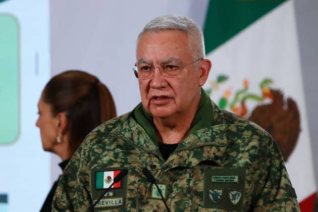 Minister of Mexican National Defense, Ricardo Trevilla Trejo speaks during a news conference about the death of Nemesio Oseguera, know El Mencho, leader of the Jalisco Nueva Generacion Cartel, during an operation in Tapalpa, Jalisco, which sparked roadblocks and vehicle burnings in various parts of the country. on February 23, 2026 in Mexico City, Mexico. Mexico City Mexico - ZUMAe321 20260223_zia_e321_005 Copyright: xCarlosxSantiagox