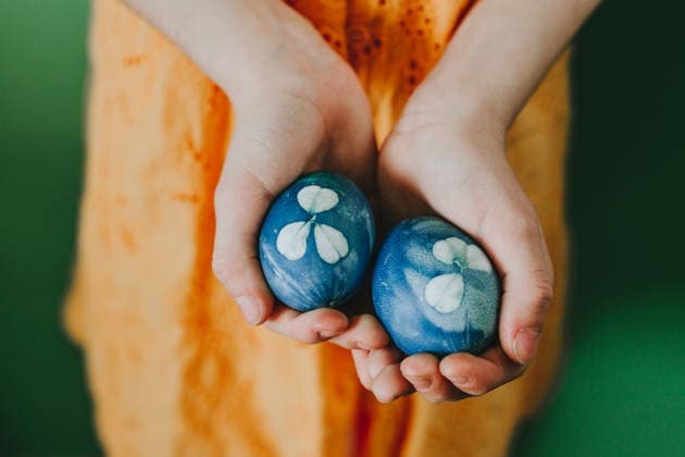 IMAGO Creative, Ostern, Bräuche, Eiersuche #2 Hands holding naturally dyed blue Easter eggs with floral decoration model released, Symbolfoto, YTF04480