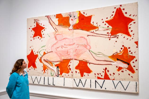 February 24, 2026, London, London, UK: LONDON, UK. A staff with ‘Pink Skater (Will I Win, Will 1 Win)â€⠢, 2015, at a preview of ‘Rose Wylie: The Picture Comes Firstâ€⠢, the largest survey of the work of Rose Wylie, RA, at the Royal Academy of Arts. The exhibition presents over 90 of her works from 28 February to 19 April 2026. London UK - ZUMAl94_ 20260224_zaf_l94_032 Copyright: xStephenxChungx