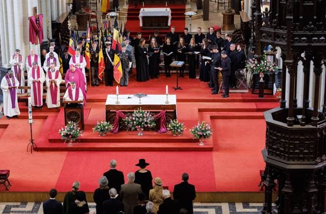 Princess Lea, Princess Claire of Belgium, King Philippe - Filip of Belgium, Prince Laurent of Belgium, Queen Mathilde of Belgium, Princess Delphine and Princess Delphine s husband Jim O Hare pictured during the annual ceremony in memory of deceased members of the Royal Family, in Onze-Lieve-Vrouwekerk Eglise Notre-Dame de Laeken, in Brussels, Tuesday 24 February 2026.  BENOITxDOPPAGNE 164758946