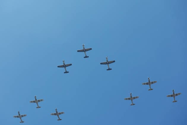 Flag Day Ceremony in Mexico MEXICO CITY, MEXICO - FEBRUARY 24: Mexican Army aircraft fly over the city during the Flag Day ceremony, at Marte Military Camp, in Mexico City, Mexico on February 24, 2026. Mexican President Claudia Sheinbaum led the ceremony before hundreds of members of the Mexican Army, National Guard and Navy. Daniel Cardenas Anadolu Mexico City Mexico. Editorial use only. Please get in touch for any other usage.  Copyright: x2026xAnadoluxDanielxCardenasx