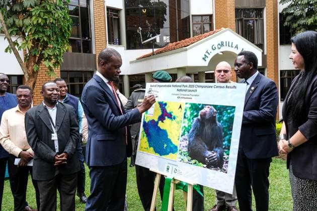 (260225) -- KAMPALA, Feb. 25, 2026 -- Martin Mugarra Bahinduka, Uganda s minister of state for tourism, wildlife and antiquities, signs on a board during the launch of the Bwindi chimpanzee census results in Kampala, Uganda on Feb. 24, 2026. A new scientific census estimates that around 426 chimpanzees live alongside endangered mountain gorillas in Bwindi Impenetrable National Park, a forest in southwestern Uganda dominated by gorilla habitat. TO GO WITH Census estimates 426 chimpanzees share habitat with mountain gorillas in Uganda s Bwindi Forest (Photo by Xinhua) UGANDA-KAMPALA-BWINDI FOREST-CHIMPANZEE CENSUS HajarahxNalwadda 