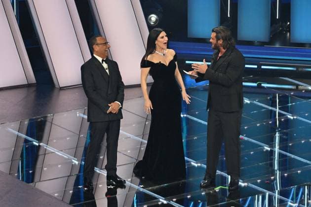 Foto IPP Felice De Martino Sanremo 24 02 2026 76° Festival della canzone italiana Nella foto: laura pausini e can Yaman e conti carlo Italy Photo Press World Copyright
