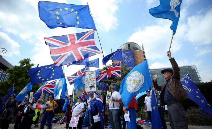 Brexit protest in Brussels BRUSSELS, BELGIUM - JULY 9: Opponents of Brexit gather for a demonstration in front of European Union (EU) commission in Brussels, Belgium on July 9, 2019. Brussels Hoofdstedelijk Gewest Belçika. Editorial use only. Please get in touch for any other usage.  Copyright: x2025xAnadoluxDursunxAydemirx