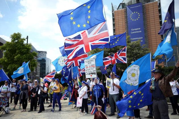 Brexit protest in Brussels BRUSSELS, BELGIUM - JULY 9: Opponents of Brexit gather for a demonstration in front of European Union (EU) commission in Brussels, Belgium on July 9, 2019. Brussels Hoofdstedelijk Gewest Belçika. Editorial use only. Please get in touch for any other usage.  Copyright: x2025xAnadoluxDursunxAydemirx