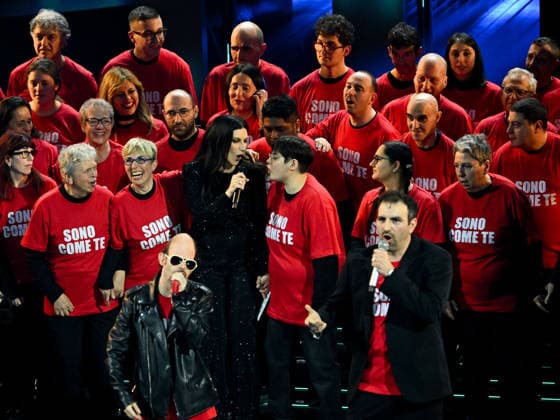 Sanremo, 76th Italian Song Festival. Second Night. Pictured: the Anffas Spezia Choir and Laura Pausini.  Copyright: xMaurizioxD Avanzox xipa-agency.netx xPoolxSanremox02x IPA_Agency_IPA72025350