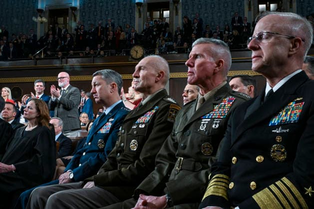 Trump 2026 State of the Union Address United States Air Force General Dan Caine, Chair, Joint Chiefs of Staff, Gen. Randy A. George, the Army Chief of Staff, Gen. Eric M. Smith, Commandant of the Marine Corps, and Adm. Daryl L. Caudle, Chief of Naval Operations, watch as President Donald J. Trump delivers the first State of the Union address of his second term to a joint session of Congress in the House Chamber of the United States Capitol in Washington, D.C., on Tuesday, February 24, 2026. Credit: CNP AdMedia Washington District of Columbia United States of America EDITORIAL USE ONLY  Copyright: xx DSC_6135-6109733 CNPx xAdMediax admphotostwo971532