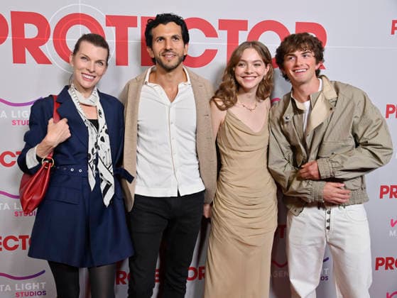 Cast members Milla Jovovich, Gabriel Sloyer, Isabel Myers and Shane Williams (L-R) attend the premiere of the motion picture mystery thriller Protector at the AMC The Grove in Los Angeles on Wednesday, February 25, 2026. Storyline: The action movie stars Milla Jovovich as a former war hero rescuing her kidnapped daughter from a trafficking ring.  LAP2026022515 JIMxRUYMEN
