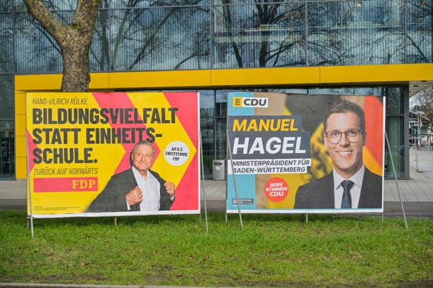 Hans-Ulrich Rülke, FDP, Manuel Hagel, CDU, Plakat, Landtagswahl 2026, Karlsruhe, Baden-Württemberg, Deutschland *** Hans Ulrich Rülke, FDP, Manuel Hagel, CDU, poster, state election 2026, Karlsruhe, Baden Württemberg, Germany