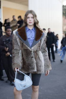MFW - Prada Outside Guest at the Prada fashion show during the Milan Womenswear Fall Winter 2026 2027 Fashion Week on February 26, 2026 in Milan, Italy. Photo by Marco Piovanotto ABACAPRESS.COM Milan Italy  Copyright: xPiovanottoxMarco ABACAx