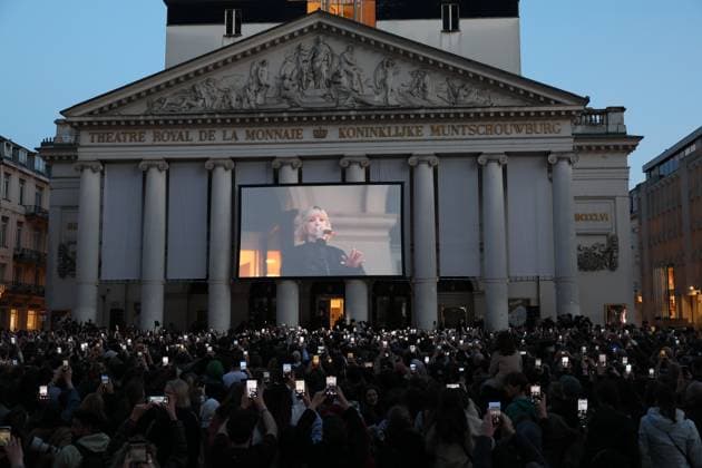a world premiere of Angele s new song and music video, Thursday 26 February 2026, in Brussels, The video is broadcasted at La Monnaie De Munt Royal opera building at the Place de la Monnaie Muntplein, in Brussels.  BENOITxDOPPAGNE 165431454
