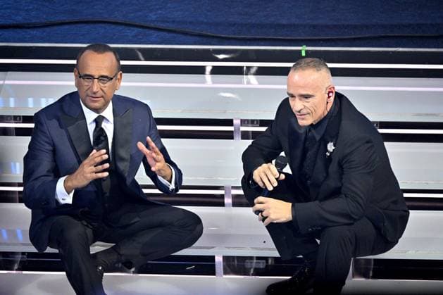 Foto IPP Felice De Martino Sanremo 26 02 2026 76° Festival della canzone italiana Nella foto Carlo Conti con Eros Ramazzotti Italy Photo Press World Copyright